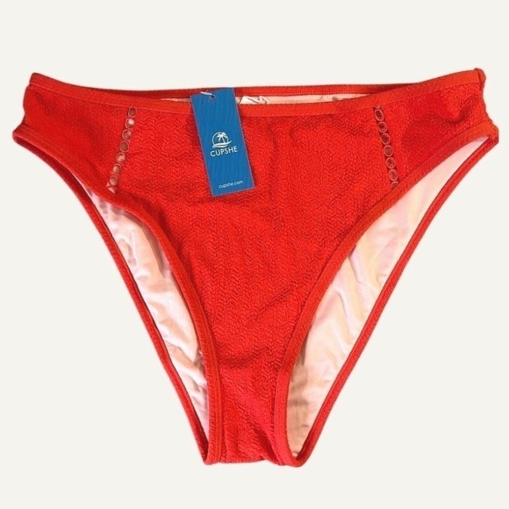 Cupshe Textured High Rise Bikini Bottom Women Large Bright Orange Red Cutout NWT